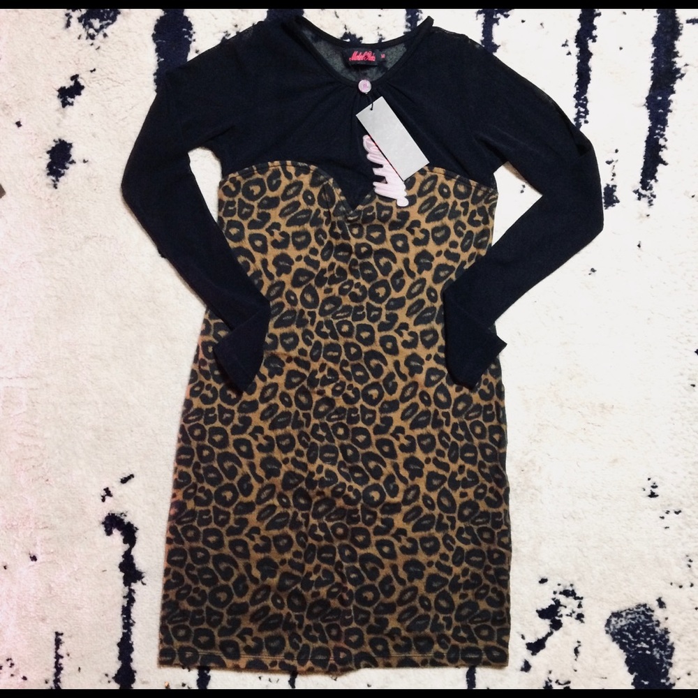  NWT Leopard Dress W/ Black Sheer Long Sleeves